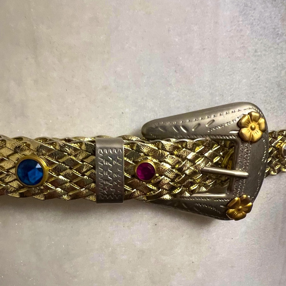 Braided belt gold toned faux leather lightweight western  stones bling EUC - Picture 7 of 8